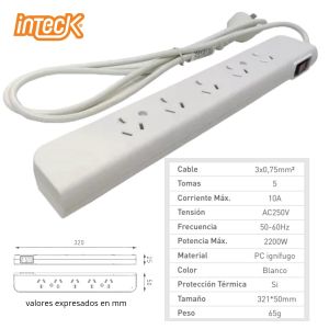PROLONGADOR MULTIPLE 5 TOMAS BLANCO CON CABLE 3 MTS C/ PROTECTOR TERMICO - Vista 4