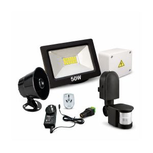KIT ALARMA PARA OBRAS CONSTRUCCIONES TERRENOS C/ REFLECTOR LED 50W Y SENSOR DE MOVIMIENTO NEGRO