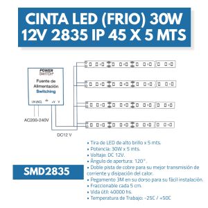 CINTA LED (FRIO) 30W 12V 2835 IP 45 X 5 MTS MACROLED - Vista 2