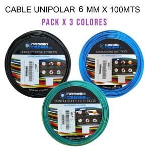 CABLE UNIPOLAR 6 MM X 100M PACK X 3 COLORES (NEGRO - CELESTE - VERDE/AMARILLO) - Vista 1