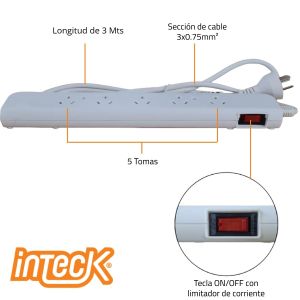 PROLONGADOR MULTIPLE 5 TOMAS BLANCO CON CABLE 3 MTS C/ PROTECTOR TERMICO - Vista 2
