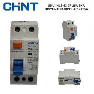 DISYUNTOR BIPOLAR 2X25A 30 MA (CLASE AC) 6KA CHINT - Vista 3