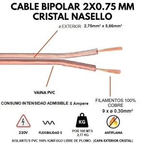 CABLE BIPOLAR 2X0.75 MM CRISTAL X 100 MTS CONDUELEC - Vista 1