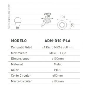 SPOT ARO DE METAL DE EMBUTIR DICROICA GU10 MóVIL PLATEADO MACROLED + ZOCALO GU10 - Vista 1
