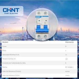 LLAVE TERMICA BIPOLAR 2X10A 6KA CURVA D CHINT - Vista 1